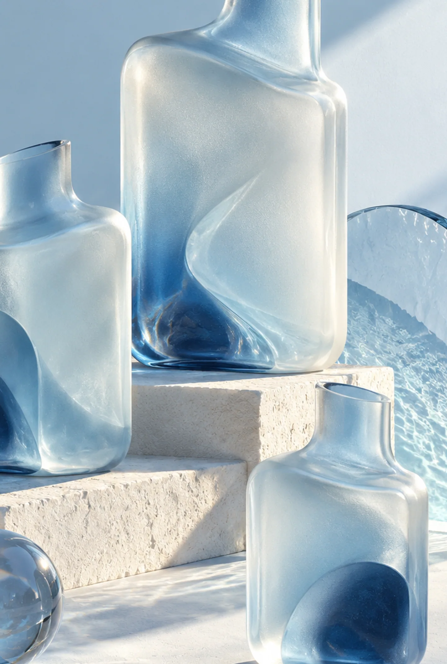 Light passing through a translucent blue sculptural vessel.