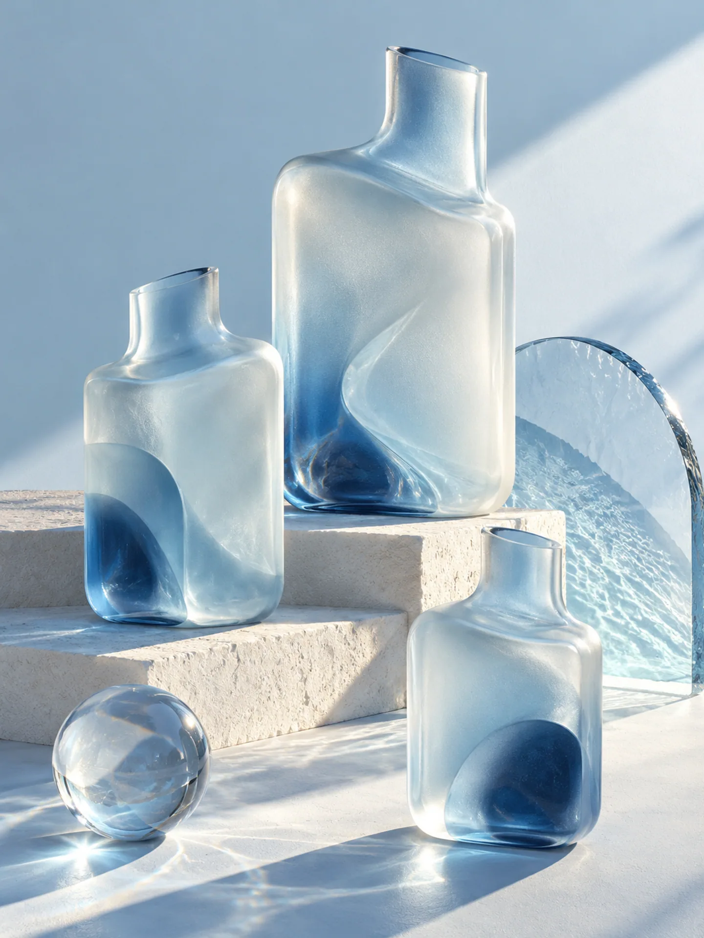 Abstract frosted glass vessels on pale blue architectural steps in directional sunlight.
