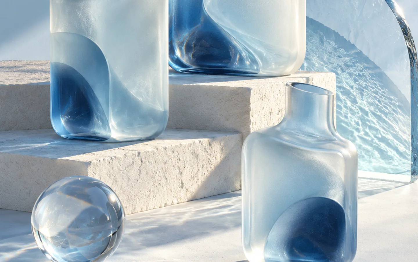 A wide crop revealing glass caustics and architectural steps.